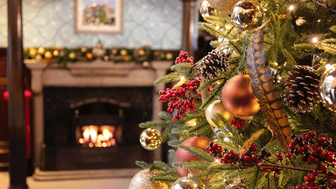 Christmas tree with fireplace and decorations